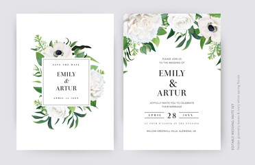 Neutral, vector, floral wedding invite, save the date card set. Spring white rose flowers, anemone, delicate lilac branches, green eucalyptus leaves decorative bouquet frame, border. Editable template