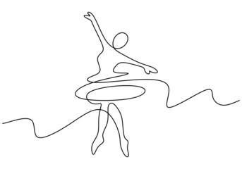 One continuous single line of ballerina girl dancer isolated on white background. - obrazy, fototapety, plakaty