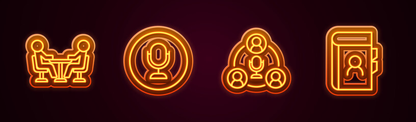 Set line Meeting, Microphone, and Phone book. Glowing neon icon. Vector