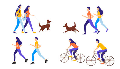 Couple man and girl doing various outdoor activities. illustration in a flat style.