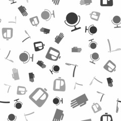 Set Round makeup mirror, Rubber gloves, Straight razor and Bottles for cleaning agent on seamless pattern. Vector