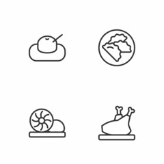 Set line Roasted turkey or chicken, Xiao long bao, Mochi and Dumpling icon. Vector