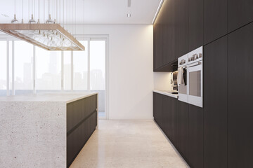 Contemporary black concrete kitchen interior with island, furniture, equipment and window with city view. 3D Rendering.