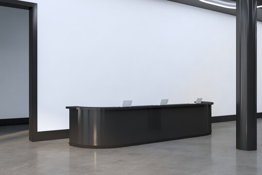 Modern concrete office reception interior with desk and mock up place on wall. 3D Rendering.
