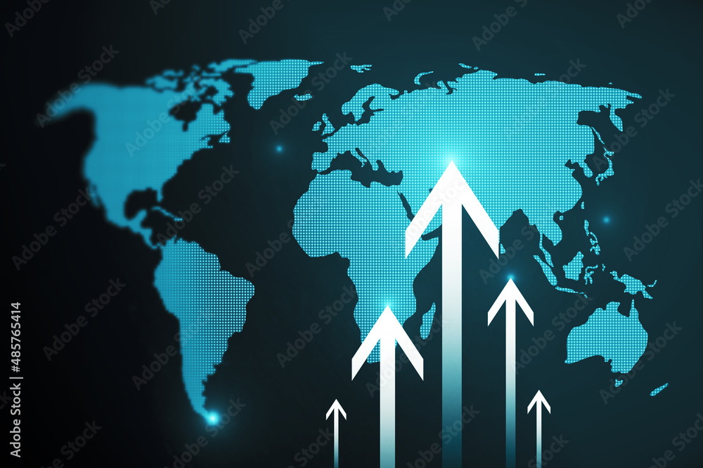 Poster Abstract glowing growing business arrow and map hologram on blue wallpaper. Technology and internet data concept. 3D Rendering.