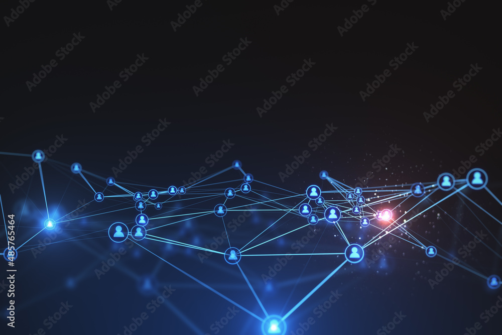 Poster Abstract glowing polygonal network with people icons and mock up place. Online networking, multimedia, digital communication concept. 3D Rendering.