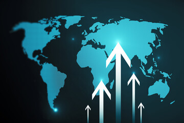 Abstract glowing growing business arrow and map hologram on blue wallpaper. Technology and internet data concept. 3D Rendering.
