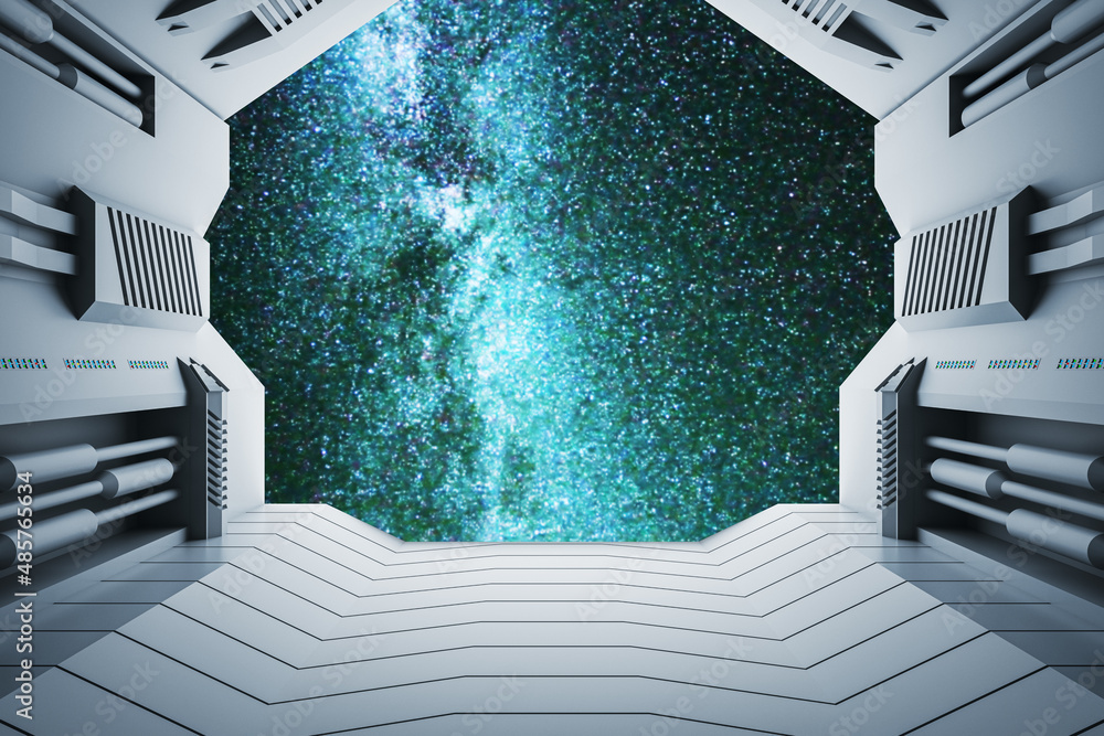 Poster LIght spaceship with bright starry sky view. Mock up place. Universe and fantasy concept. 3D Rendering.