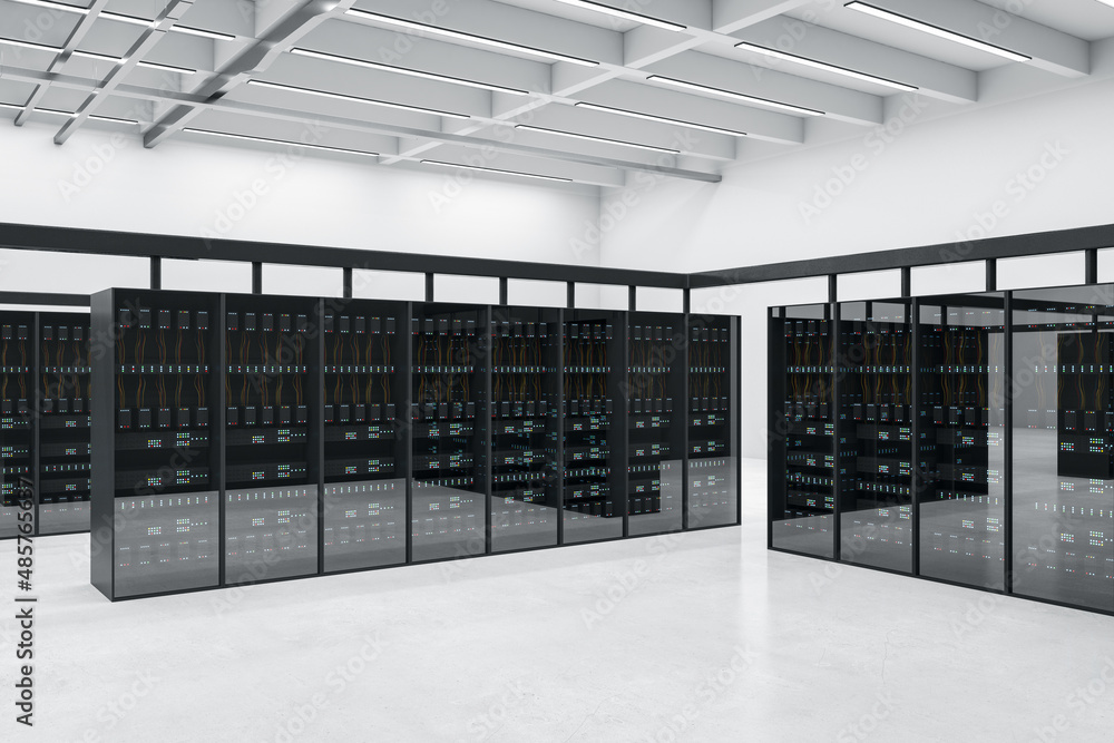 Poster Contemporary server room interior. Datacenter, security and database concept. 3D Rendering.