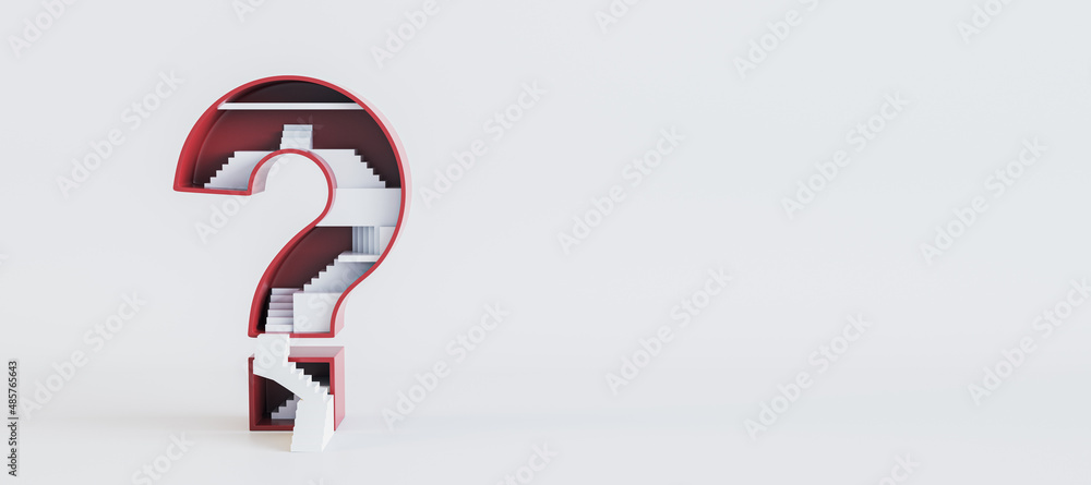 Poster Wide image of abstract red question mark with stairs inside on white background with mock up place. Challenge and career growth concept. 3D Rendering.