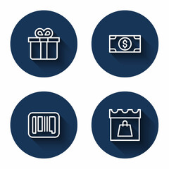 Set line Gift box, Stacks paper money cash, Barcode and Shopping day with long shadow. Blue circle button. Vector