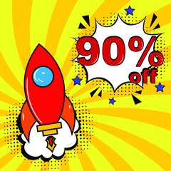 Pop art comic sale discount promotion banner. 90 percent off. Comic text 90 percent sale set discount. Promo sale poster. Sales concept