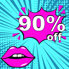 Pop art comic sale discount promotion banner. 90 percent off. Comic text 90 percent sale set discount. Promo sale poster. Sales concept