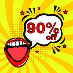 Pop art comic sale discount promotion banner. 90 percent off. Comic text 90 percent sale set discount. Promo sale poster. Sales concept