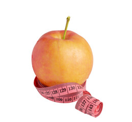 Fresh ripe apple and measuring tape isolated on white background.