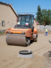 Road roller at the road construction