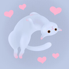 white cat and hearts.  digital illustration.