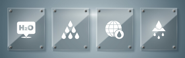 Set Recycle clean aqua, Earth planet in water drop, Water and Chemical formula for H2O. Square glass panels. Vector