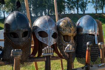 Vintage medieval metal armour fighting helmets