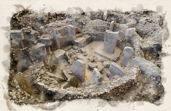 Gobekli Tepe in Sanliurfa, Turkey in watercolor illustration style. The Ancient Site of Gobeklitepe is The Oldest Temple of the World