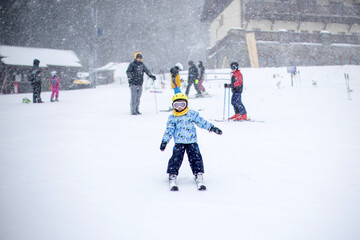 Little toddler boy, preschool child, skiing for the first time