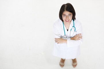 Top view Portrait studio isolated cutout closeup shot of Asian professional successful female doctor in lab coat with stethoscope smiling look at camera on white background