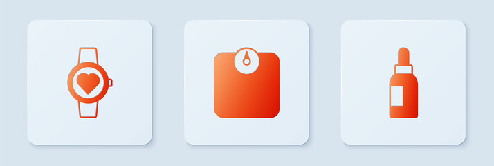 Set Bathroom scales, Smart watch and Essential oil bottle. White square button. Vector