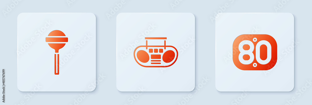 Poster set home stereo with two speakers, lollipop and 80s retro. white square button. vector