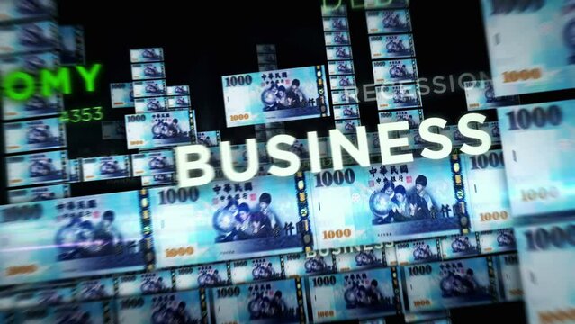 Taiwan Dollar money loop 3d animation. Camera flying between TWD banknotes. Finance, economy, crisis, business success, recession, debt and tax seamless looped concept.
