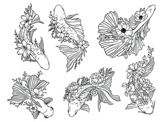Naklejka premium Set of flower koi carps. Сollection of silhouettes of Asian ornamental fish with flower wreath. Top view of fish. Vector illustration for decorative fishing.