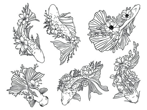 Set of flower koi carps. Сollection of silhouettes of Asian ornamental fish with flower wreath. Top view of fish. Vector illustration for decorative fishing.