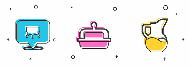 Set Udder, Butter in a butter dish and Milk jug or pitcher icon. Vector