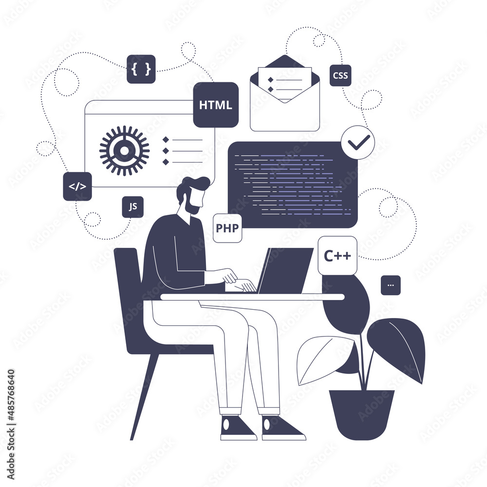 Poster male programmer works on project, creates software, programs in html, php and other languages, codes
