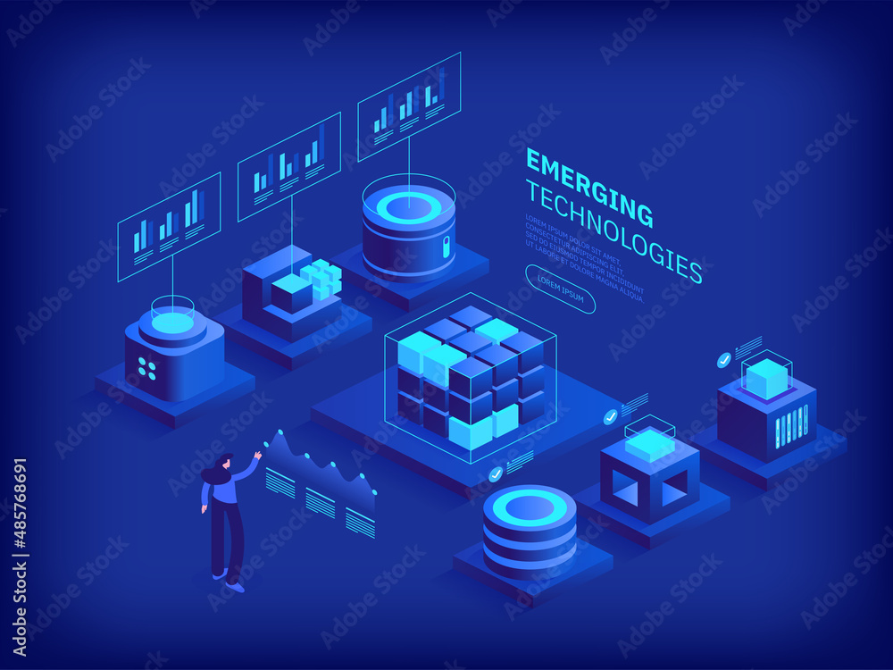 Poster emerging technologies and digital innovation concept. blockchain and cryptocurrency. big data analys