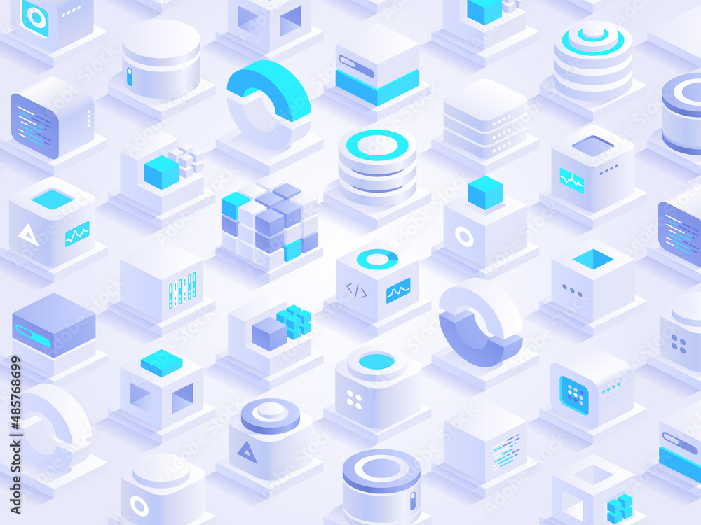 Poster dynamic abstract background with isometric cubes white texture. blockchain digital technology, crypt