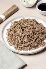 Soba noodles. Japanese food. Vegetarian food. Asian cuisine.