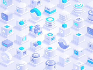 Dynamic abstract background with isometric cubes white texture. Blockchain digital technology, cryptocurrency, database computing and hi-tech concept. Modern tech wallpaper. Vector illustration