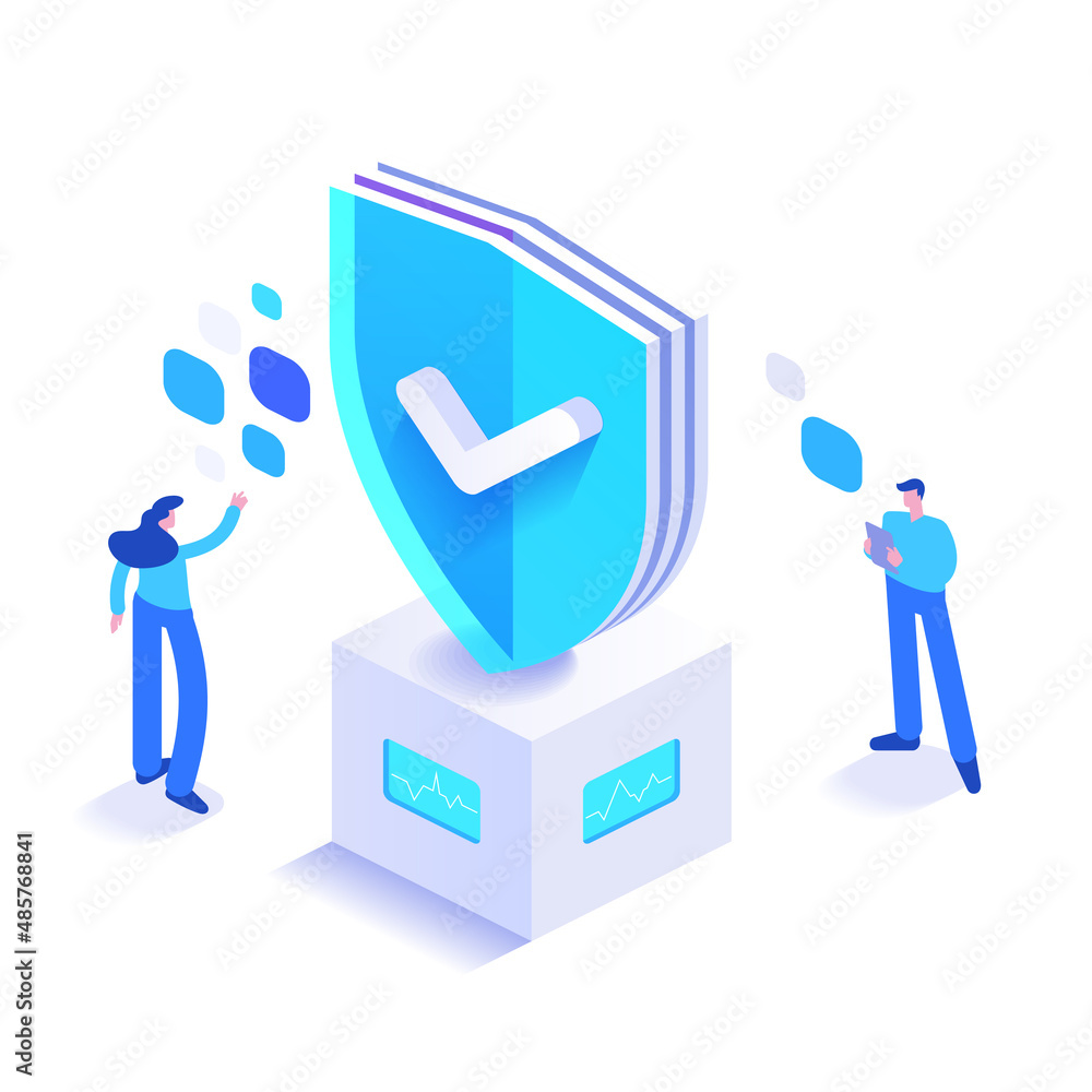 Poster cyber security and personal data protection. people work in security system. antivirus program, prot