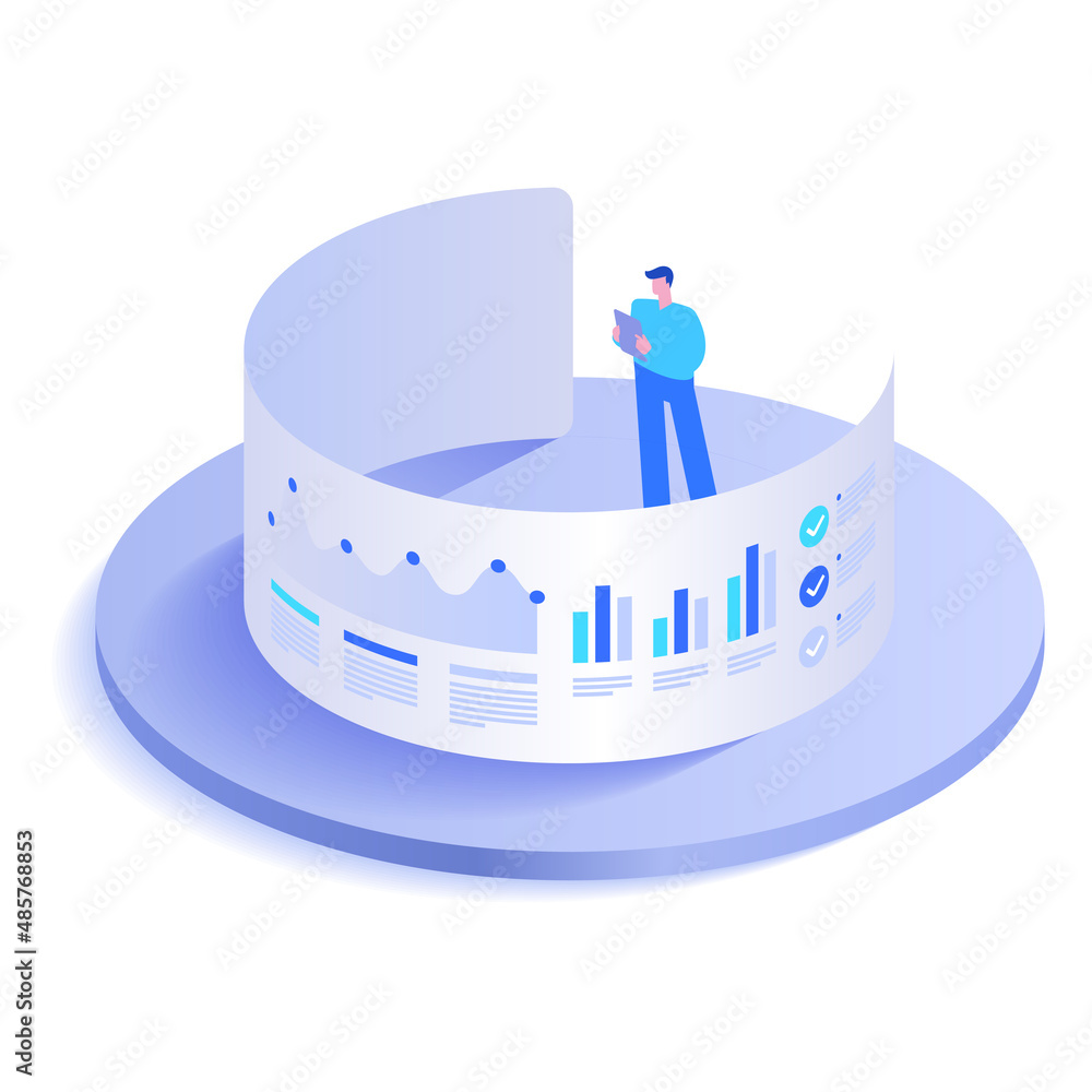 Poster big data science and statistics analysis concept. man works with database charts on huge dashboard, 