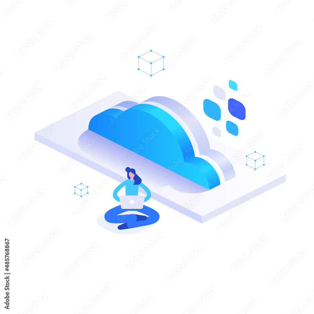 Poster cloud computing technology concept. woman working on laptop and downloads files in cloud storage or 