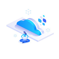 Cloud computing technology concept. Woman working on laptop and downloads files in cloud storage or processing data online. Database service and backups storage. Vector illustration in isometric view