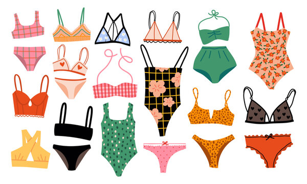 Collection of various swimwear and lingerie. Vector hand drawn illustration in flat cartoon style. Isolated on white background. 