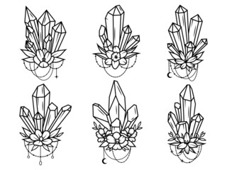 Set of crystals with flowers. Collection of precious magical crystals with crescent moon. Manadala crystals. Witchy. Mystical nature. Vector illustration of boho rocks on white background. 