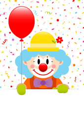 Clown Blaue Haare Hält Roten Luftballon Banner Luftschlangen Und Konfetti