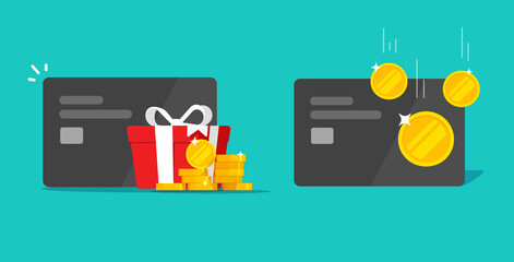 Reward points money bonus on credit bank card vector icon or cashback earnings gift as loyalty program concept flat cartoon illustration, redeem cash back or receiving financial offer income