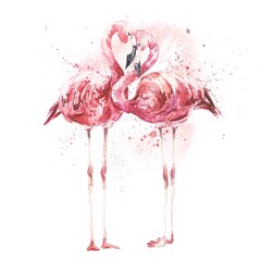 Pair of pink flamingo birds with colourful splashes and stains. Watercolour illustration.