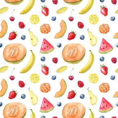 Watercolor seamless pattern with fruits and berries isolated on white background. Food texture for fabrics, wrapping paper, package. Hand drawn illustration.