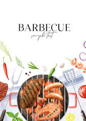Watercolor barbecue invitation template. Pre-made card with food illustrations and copy space.  Fried meat steak, sausages and salmon on grill isolated on the white background. BBQ hand drawn poster.