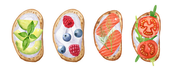 Bruschetta watercolor hand drawn set isolated on white background. Sandwiches with avocado slices, berries, pieces of salmon, arugula and tomato. Flat lay food illustration. Traditional tapas.