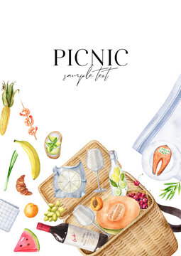 Watercolor Picnic Invitation Template. Ready To Use Card With Food Illustrations And Copy Space.  Wicker Basket, Fruits, Cheese, Wine And Seafood Are On The White Background. BBQ Hand Drawn Poster.